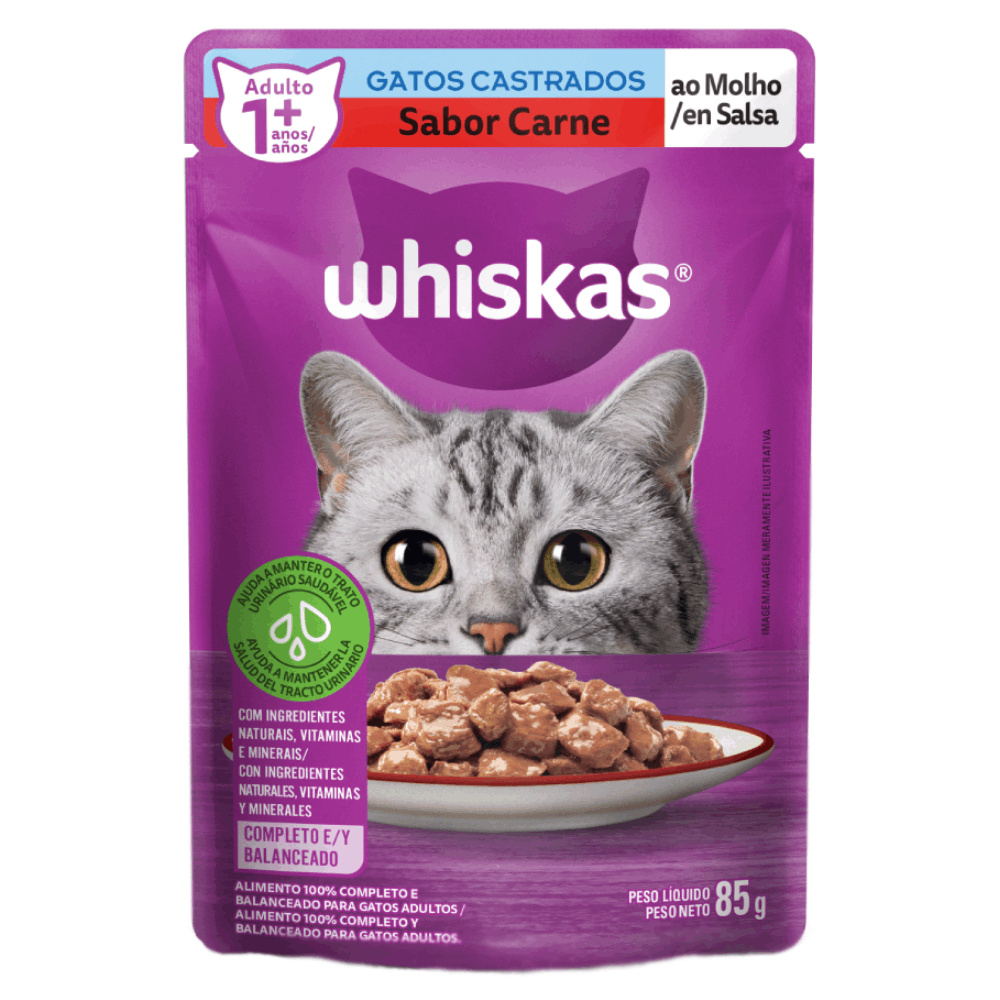 7896029046623_0 Ração Úmida Whiskas Sachê Carne ao Molho para Gatos Adultos Castrados 85 g 1 un - Imagem 1